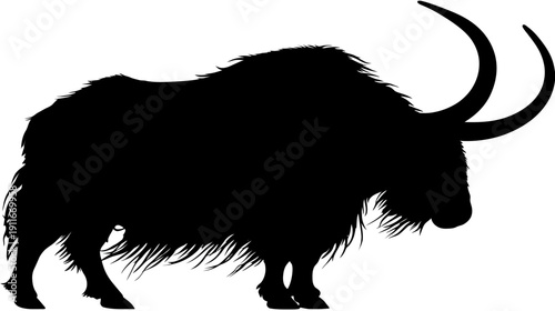 A silhouette of a large, shaggy herbivore with curved horns. The animal faces right