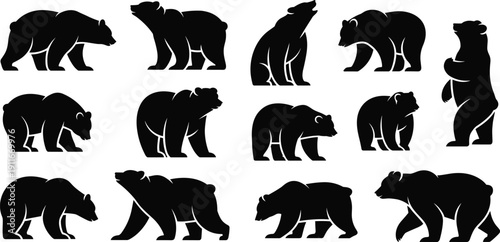 Collection of black bear silhouettes isolated on white background showing walking, standing and roaring poses, wildlife animal vector illustration set