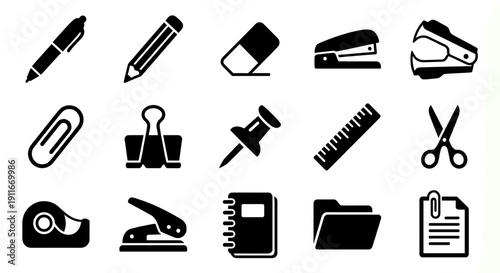 Office supplies and school stationery flat vector icon set