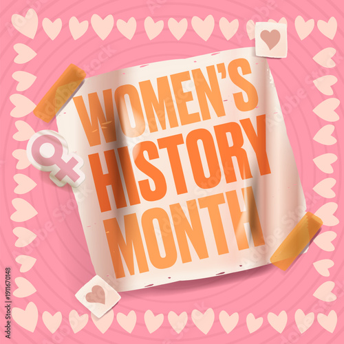 Vibrant pink square banner for Women s History Month in March, featuring Women s History Month lettering on a white sticker with female gender symbols and a heart border. Ideal for social media post