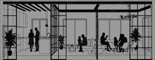 Flavector, modern interior silhouette, open concept living, kitchen design, living room illustration, dining area vector, glass walls, architectural rendering