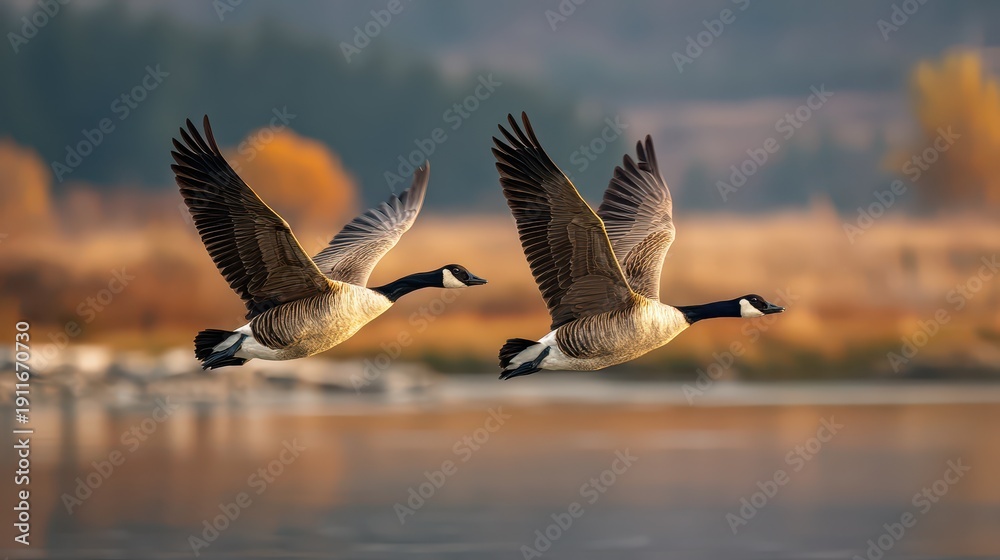 Fototapeta premium Canada geese duo gliding through blue sky with water reflections