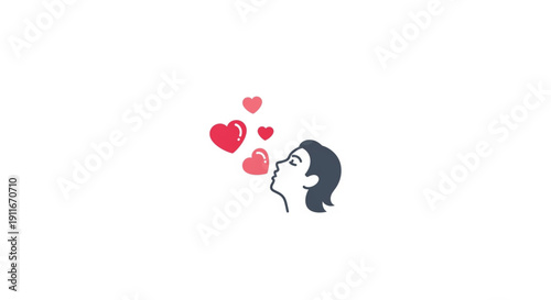 Illustration of a woman's profile blowing kisses with hearts symbolizing love and affection