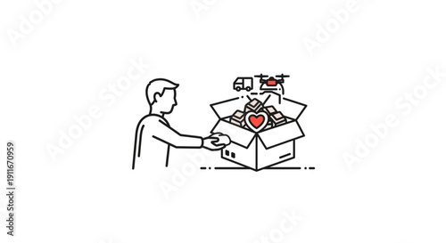 Vector outline of an individual contributing items to a large donation box, illustrating the concepts of charity, community support, and humanitarian aid efforts