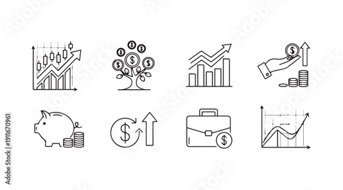 Financial Growth Icons: Stock Market, Piggy Bank, Money Tree, Briefcase, Arrows