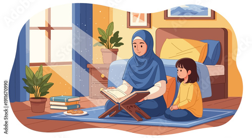 Mother and Daughter Reading Quran in Bedroom