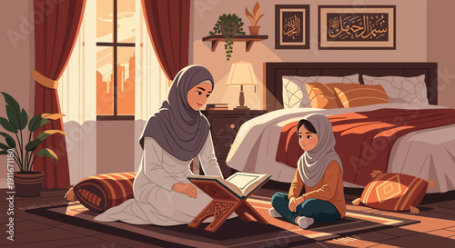 Muslim Mother and Daughter Reading Quran Together in Cozy Bedroom