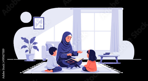 Muslim Mother Reading to Children, Islamic Family Education, Quran Storytime