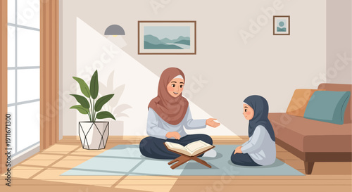 Muslim Mother Teaching Daughter Quranic Verses Indoors