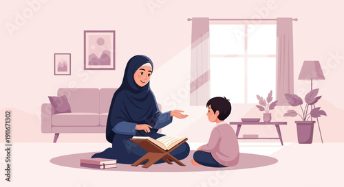 Muslim Mother Teaching Son Quranic Verses at Home