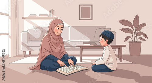 Muslim mother teaching son to read Quran at home