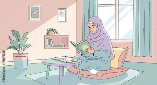 Muslim woman in hijab reading book in cozy room, natural light, pastel colors