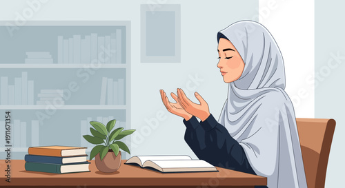 Muslim Woman Praying at Desk with Books and Plant