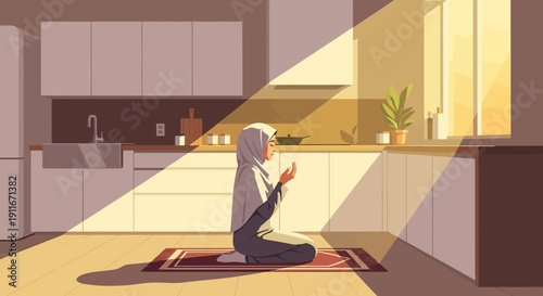 Muslim Woman Praying at Home in Kitchen with Sunbeams