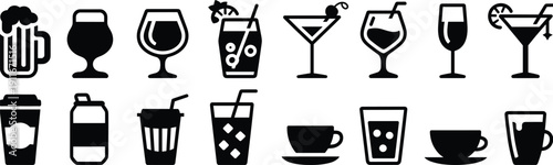 Collection of black beverage and drink icons isolated on white background featuring coffee, tea, juice, beer, wine and cocktail symbols, minimalist vector illustration set