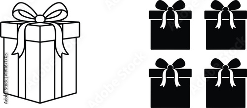 Gift box icons set with ribbon bow in outline and solid black styles
