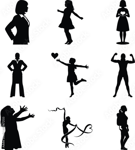 Collection of black silhouettes representing women in diverse life roles and activities
