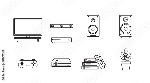 Home Entertainment Icons: TV, Speakers, Game Console, Player, Books, Plant
