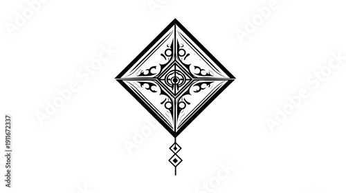 A geometric rhombus design in black, featuring intricate ornamental patterns and a hanging detail