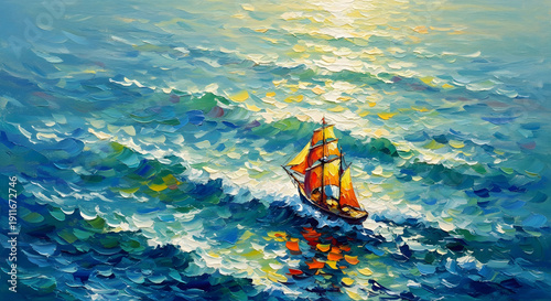大洋、大海を航行する船と波の印象画風油彩画風景