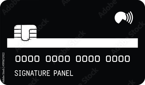 Flat vector single black ATM card illustration on a simple background viewed from directly above showing signature panel and card details
