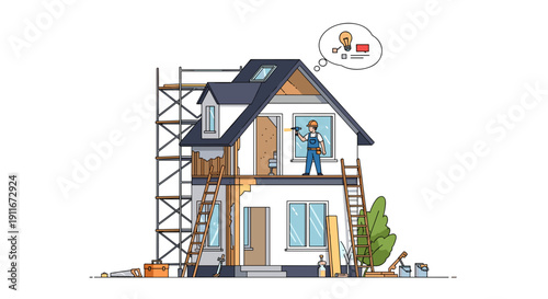 House Renovation with Scaffolding and Workers.