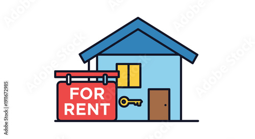 House with For Rent Sign and Key.