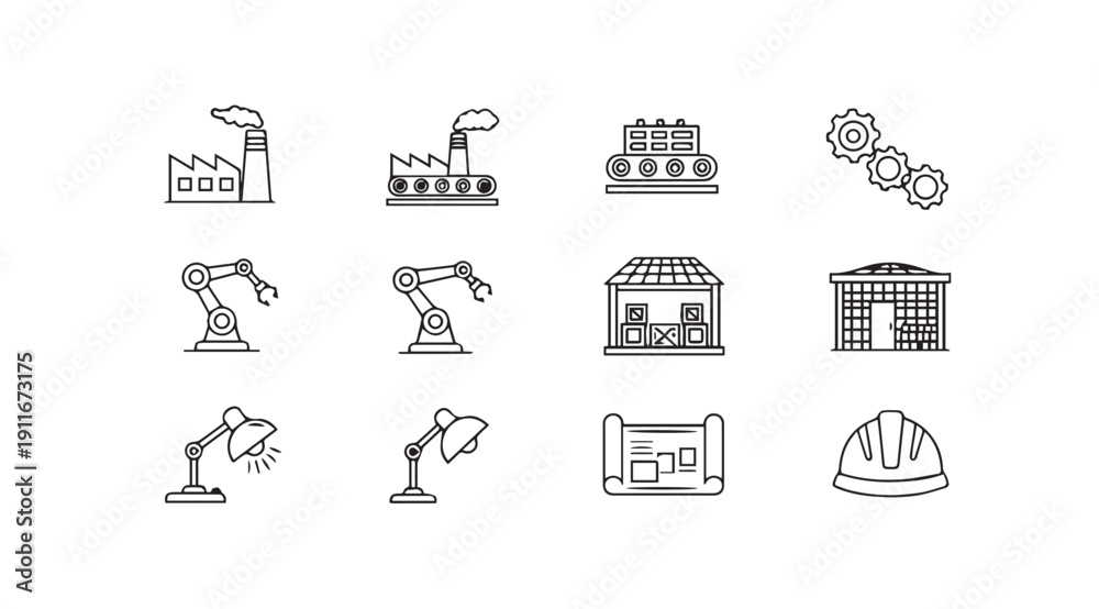 Fototapeta premium Industrial Icons Set: Factories, Robots, Warehouses, Blueprints, Gears, Hard Hat, Desk Lamp