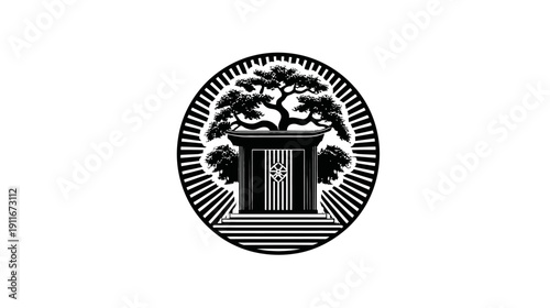 Black and white emblem of a bonsai tree in a tiered structure with sunburst design