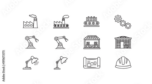 Industrial Icons Set: Factories, Robots, Warehouses, Blueprints, Gears, Hard Hat, Desk Lamp