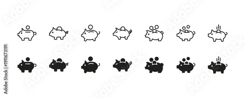 Piggy bank icons in outline and solid styles with coins and saving concept