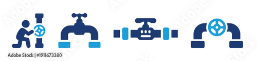 Plumbing and valve icons showing maintenance and different types of pipe fittings