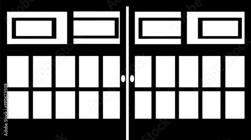 A schematic representation of a double door design with rectangular panels and a central handle