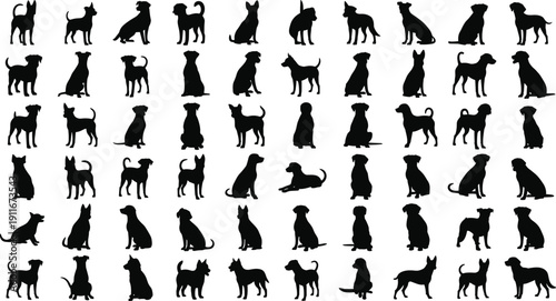 Large collection of black dog silhouettes, various breeds of domestic pets in different poses, canine vector icons for animal lovers,