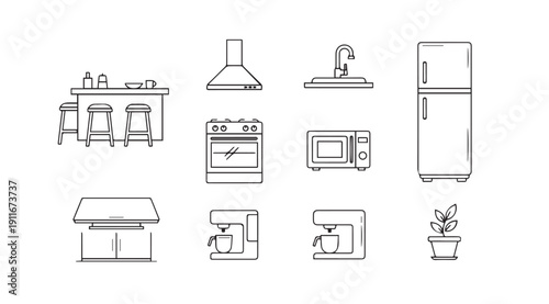 Kitchen Appliances and Furniture Line Art Icons Set