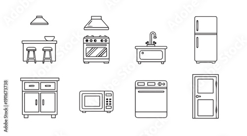 Kitchen Appliances and Fixtures Line Icons Set