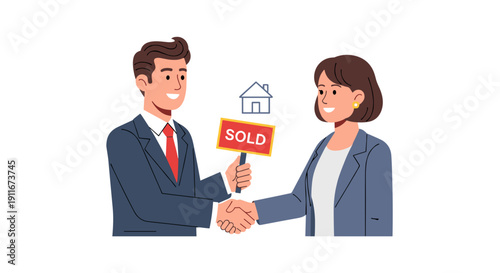 Man and Woman Shaking Hands with Sold Sign.