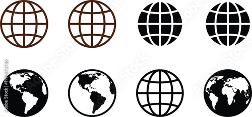 Globe earth world map icons set in outline and solid styles isolated on background