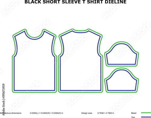 A technical drawing of a black short sleeve t shirt dieline