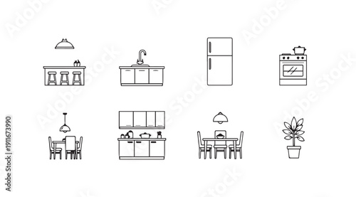 Kitchen Icons Set: Line Art Elements for Interior Design and Home Planning