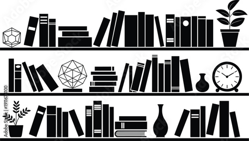 Black Silhouette of Bookshelves Filled with Books, Plants, Vases and Geometric Objects Keywords: bookshelf, books, library