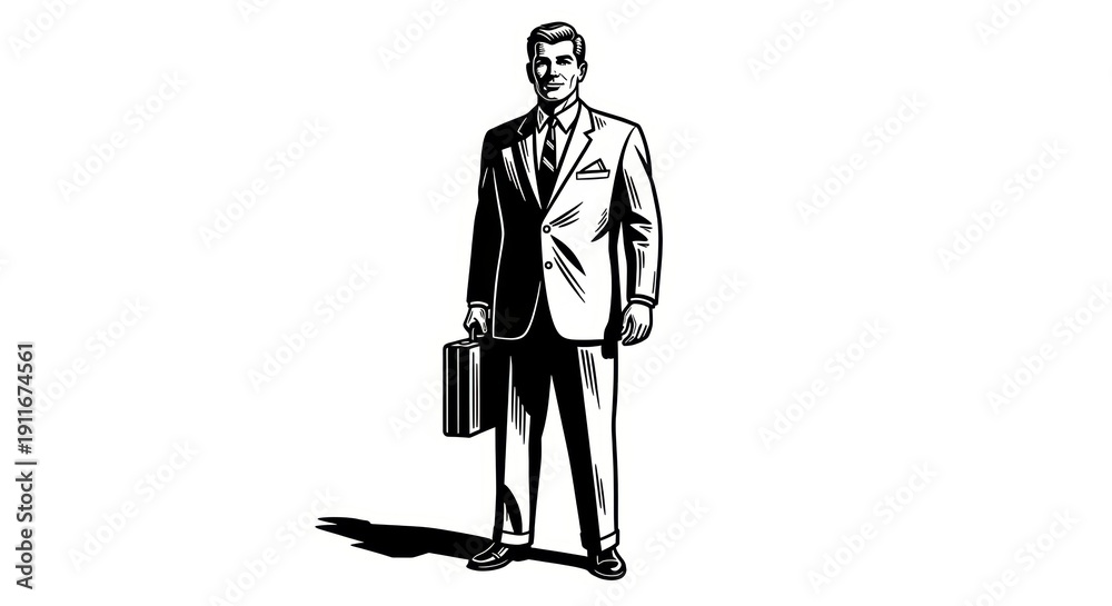 Obraz premium 1950s American businessman holding briefcase, financial success concept, vintage editorial engraving style, bold heavy linework, sharp edges, classic mid-century glamour