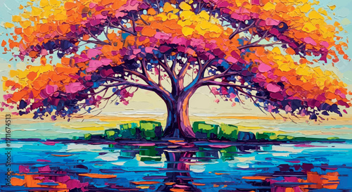 Vibrant blooming tree with colorful sunset reflection impressionist painting