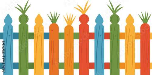 Colorful cartoon wooden fence with carrot and grass elements on white background Keywords: fence garden fence wooden fence