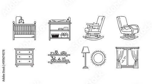 Nursery Furniture and Decor Line Art Icons - Baby Room Essentials Set