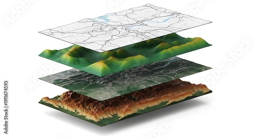 Digital geographic information system concept with multiple layered maps representing different data types for analysis and visualization of terrain and routes in a modern technological context