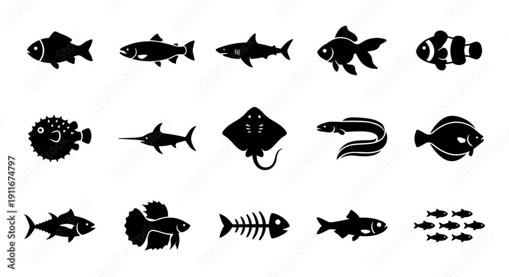 Obraz premium Sea fish and marine life silhouette icon collection