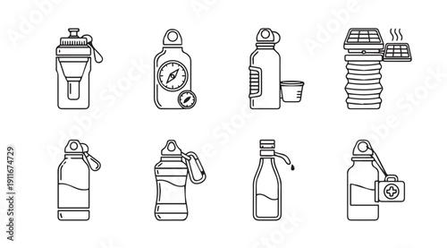Outdoor Water Bottle Icons: Filter, Compass, Collapsible, First Aid Kit