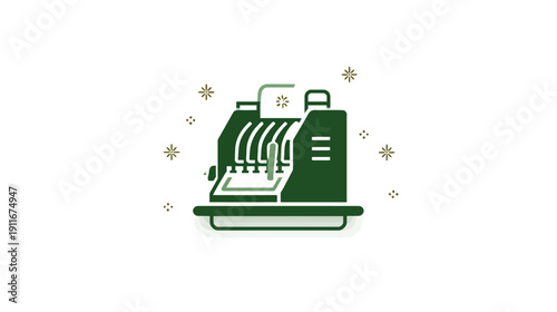 A green and white vintage cash register icon, with decorative stars