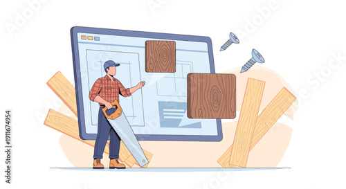 Carpenter Working with Saw and Wood Materials.